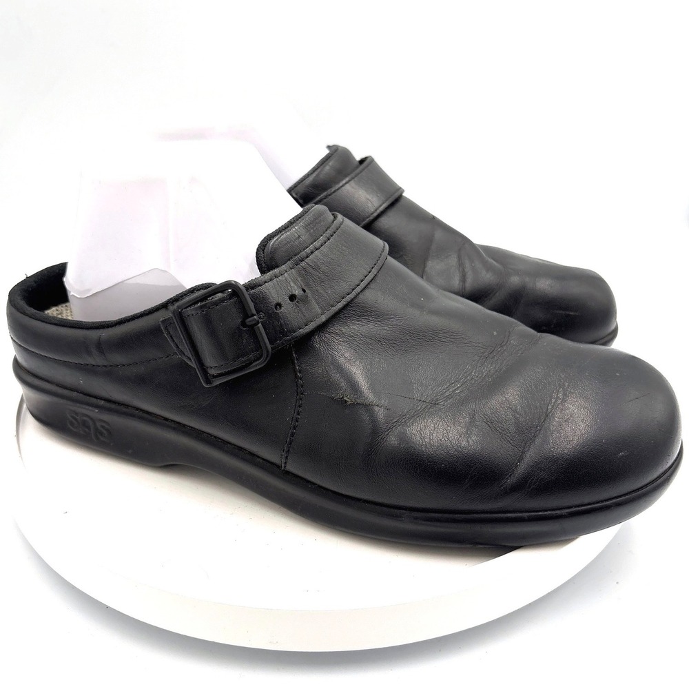 SAS Clogs 9 Men's Black Leather Professional Comfort Buckle Strap Mules 2079